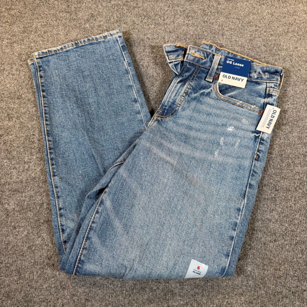 Old Navy OG Loose High-Rise Distressed Straight Leg Jeans Blue Women 6 Tall 3141